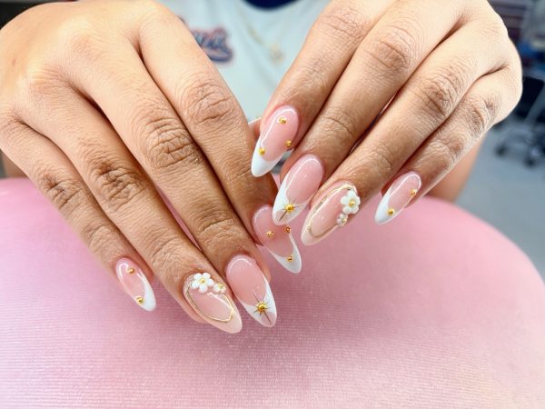 White French tip almond nails with 3D daisy flower accents and gold dots by ManiBliss nail salon Alpharetta GA